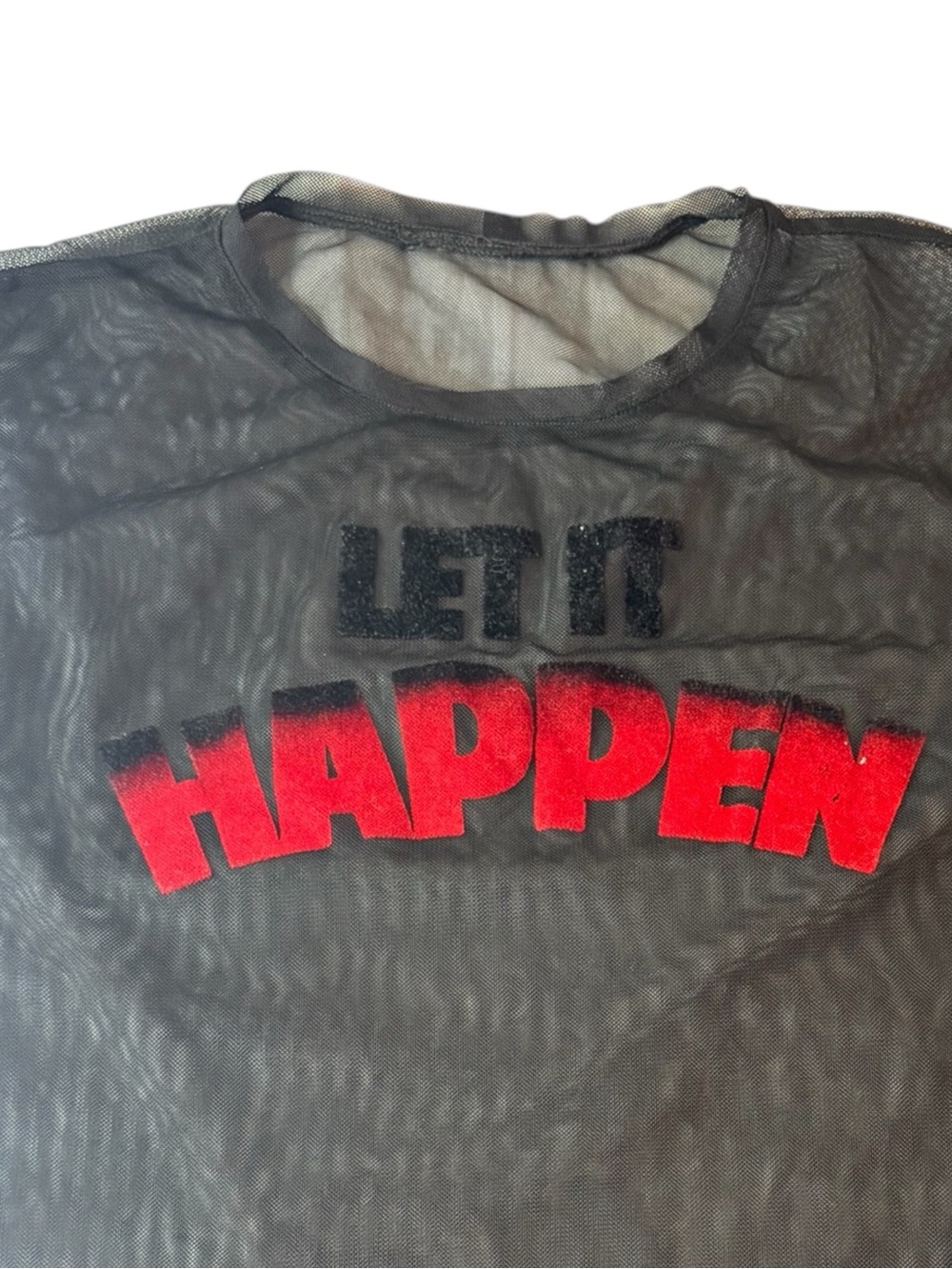 Let It Happen Sheer Mesh Graphic Tee with Red Lettering